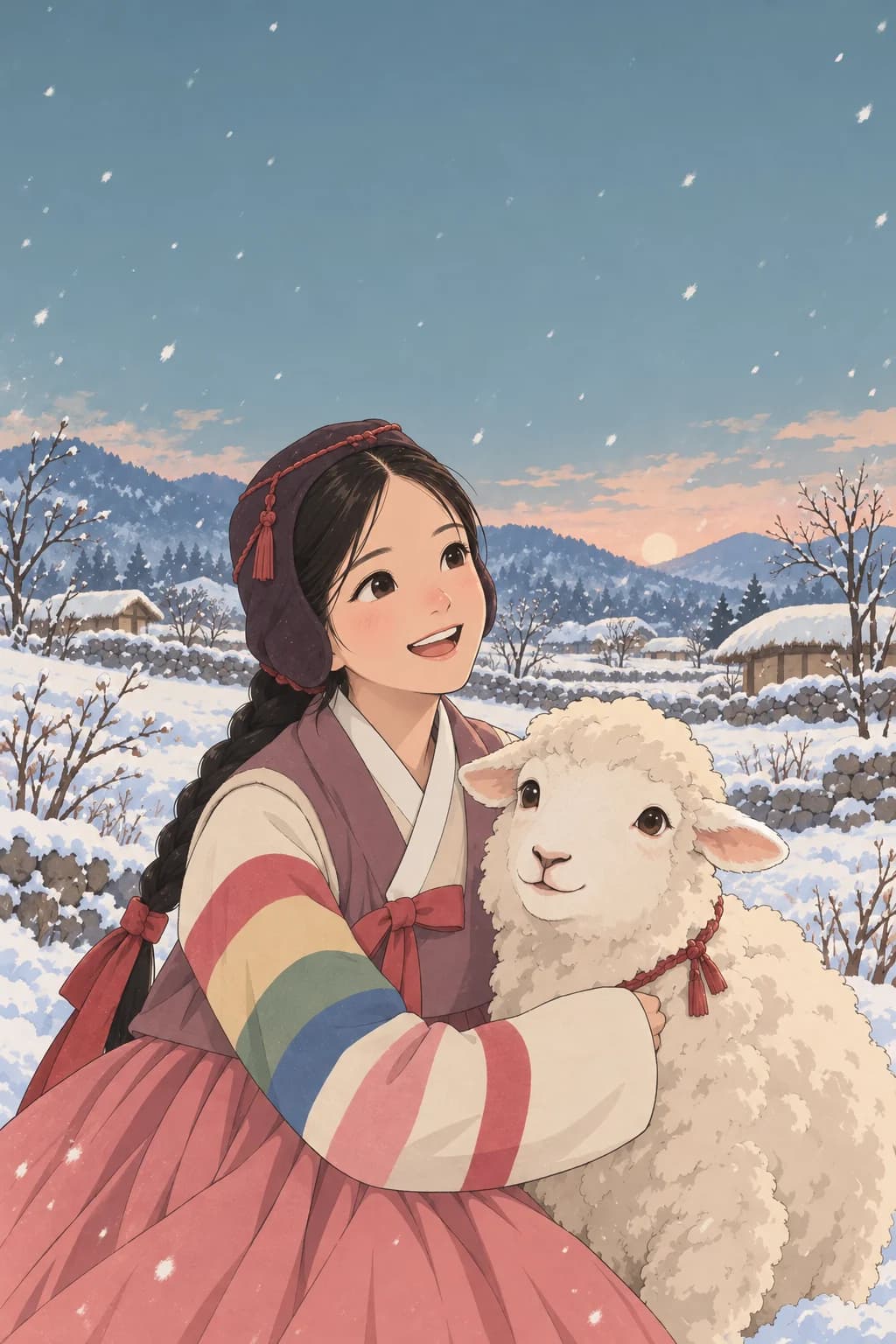 조바위와 댕기머리, 색동저고리와 치마 차림의 발그레한 볼을 한 16세 소녀가 조선 마을 설원에서 양을 안고 웃는 모습