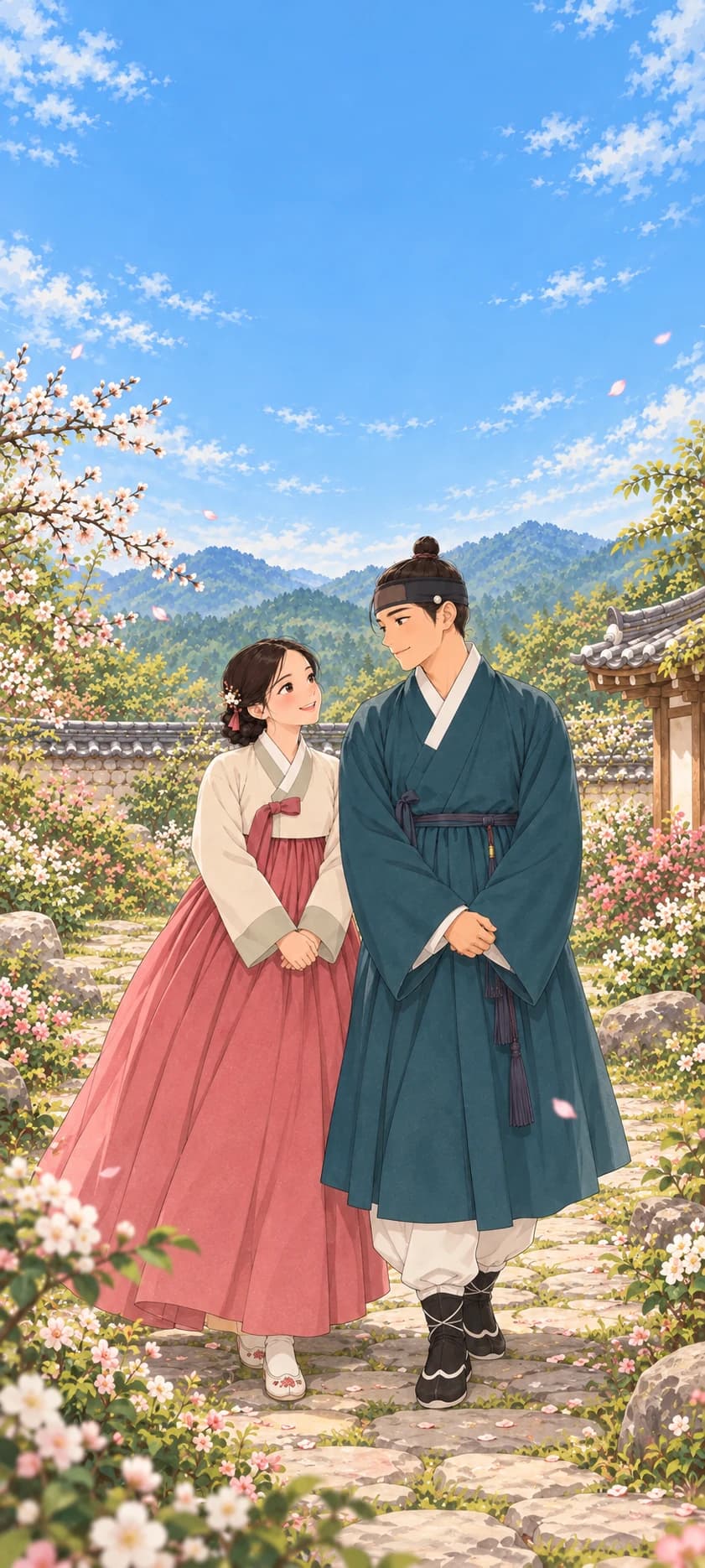 조선시대 한옥 정원에서 서로를 바라보는 한복 차림의 성인 두 사람